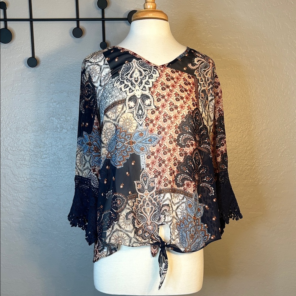 Chenault Women's Sheer Blouse - Navy and Burgundy Paisley